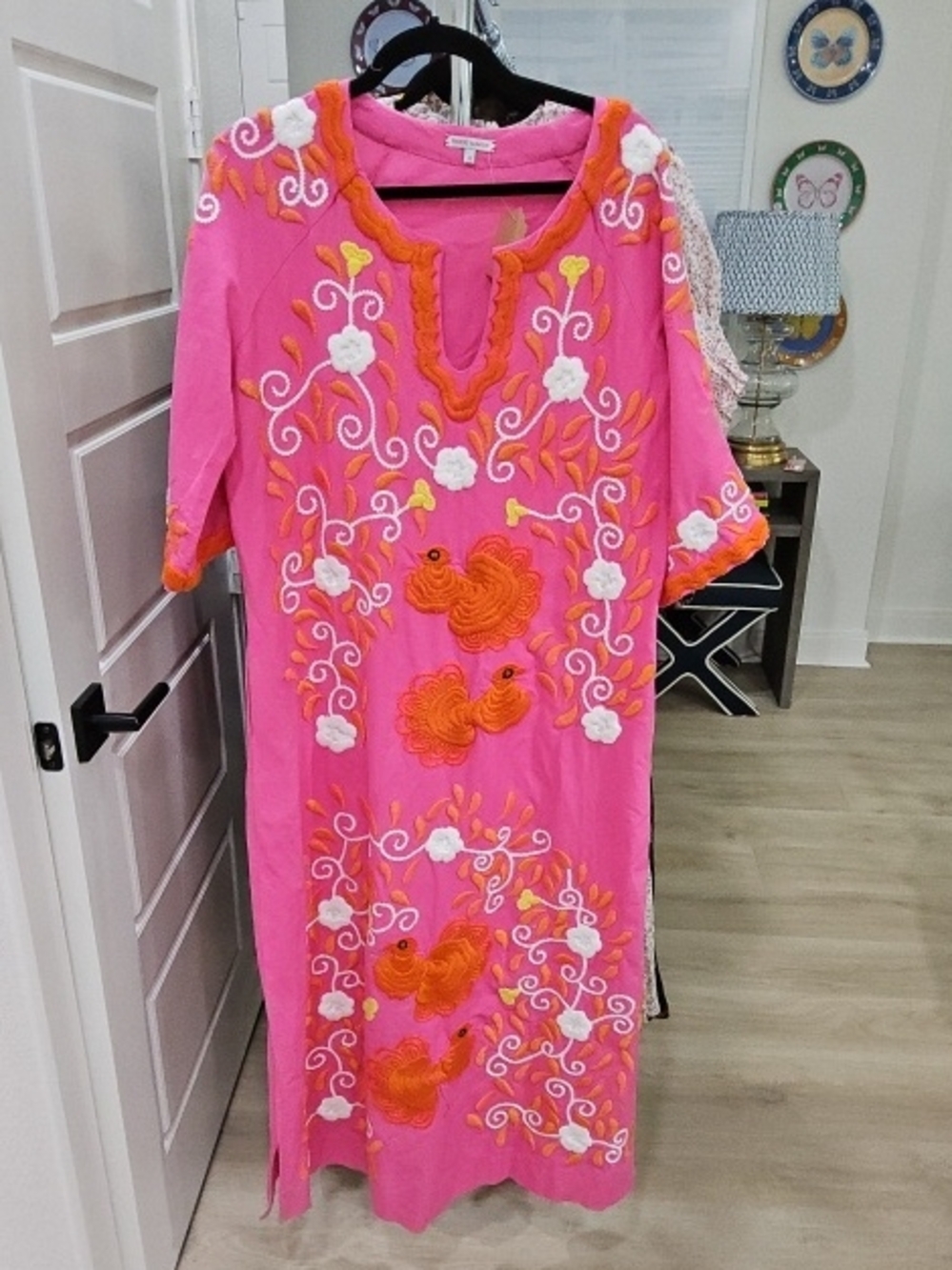 Frances Valentine Pink Embroidered Floral Caftan with Orange Accents